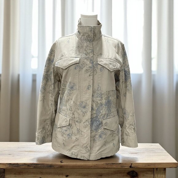 Chaps Beige Floral Utility Jacket Womens Small Military Style Cotton Spring Casu - Picture 1 of 10